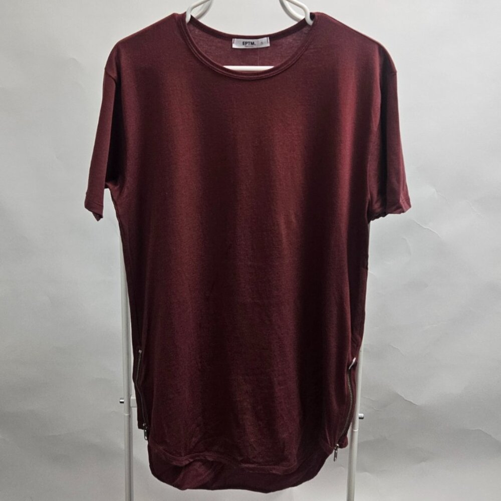 EPTM Men's Basic Curved Drop Cut Short Sleeve Side Zipper Tee Wine